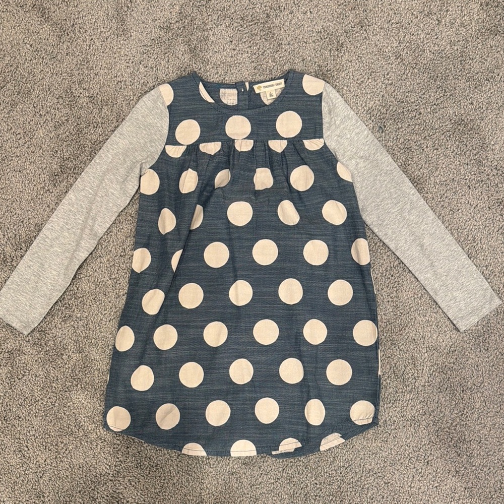 Polka Dot Long Sleeve Girls Dress - Navy & Cream